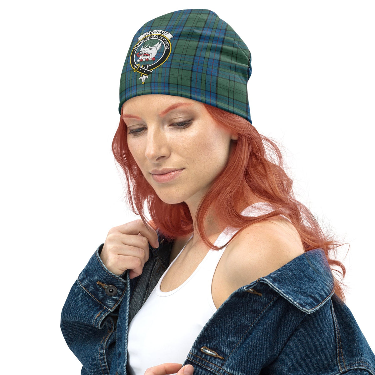 Lockhart Tartan Beanie Hat with Family Crest - Tartan Vibes Clothing