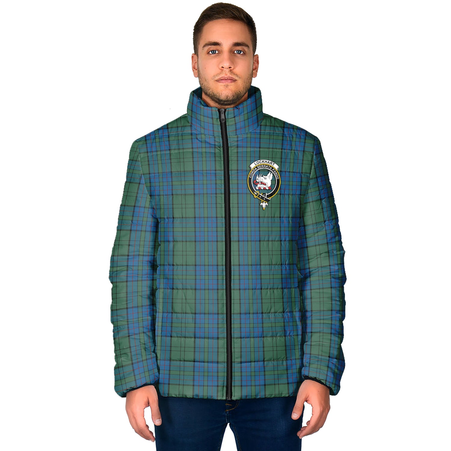 Lockhart Tartan Padded Jacket with Family Crest - Tartan Vibes Clothing