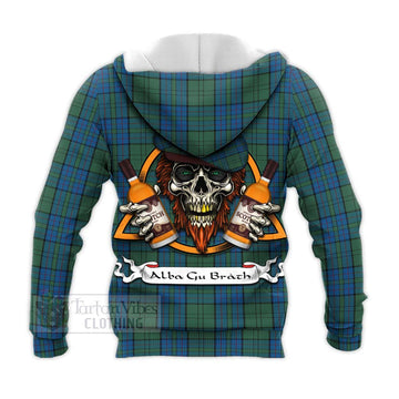 Lockhart Tartan Knitted Hoodie with Family Crest and Bearded Skull Holding Bottles of Whiskey