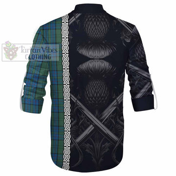 Lockhart Tartan Ghillie Kilt Shirt with Family Crest Cross Sword Thistle Celtic Vibes - Tartan Vibes Clothing