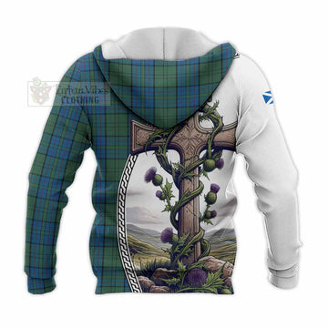 Lockhart Tartan Knitted Hoodie with Family Crest and St. Andrew's Cross Accented by Thistle Vines