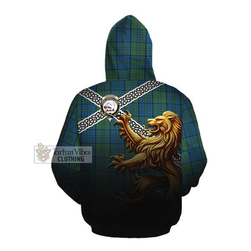 Lockhart Crest Tartan Cotton Hoodie with Golden Lion Emblem Celtic Style Pullover Hoodie - Tartan Vibes Clothing