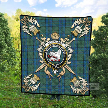 Lockhart Tartan Quilt with Family Crest and Scottish Golden Courage Shield