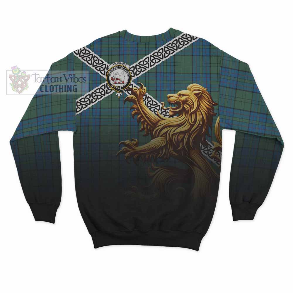 Lockhart Crest Tartan Sweatshirt with Golden Lion Emblem Celtic Style - Tartan Vibes Clothing