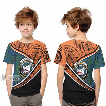 Lockhart Crest Tartan Kid T-Shirt with Polynesian Vibes Style - Orange Version