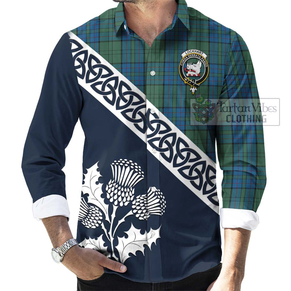 Lockhart Tartan Long Sleeve Button Shirt Featuring Thistle and Scotland Map Men's Shirt - Tartan Vibes Clothing