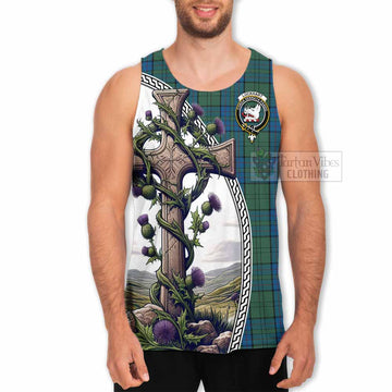 Lockhart Tartan Men's Tank Top with Family Crest and St. Andrew's Cross Accented by Thistle Vines