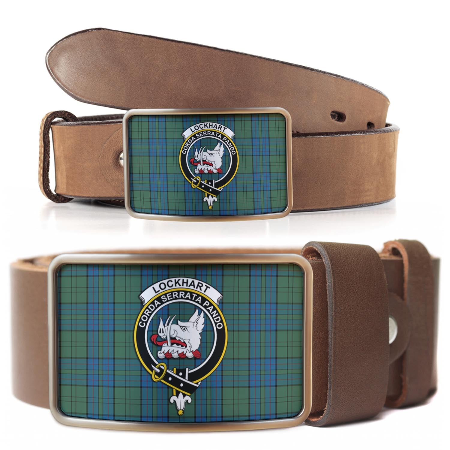 Lockhart Tartan Belt Buckles with Family Crest - Tartanvibesclothing