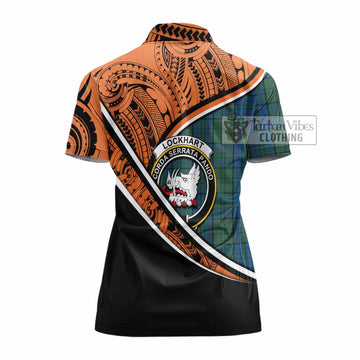 Lockhart Crest Tartan Women's Polo Shirt with Polynesian Vibes Style - Orange Version