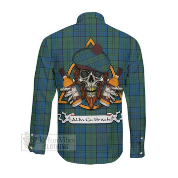 Lockhart Tartan Long Sleeve Button Shirt with Family Crest and Bearded Skull Holding Bottles of Whiskey