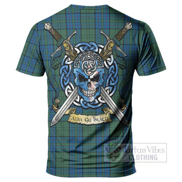 Lockhart Tartan T-Shirt with Family Crest Celtic Skull Style