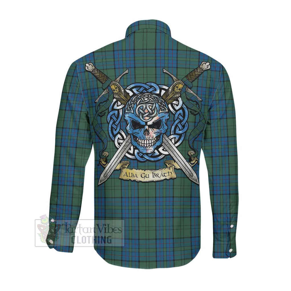 Lockhart Tartan Long Sleeve Button Shirt with Family Crest Celtic Skull Style Men's Shirt - Tartan Vibes Clothing