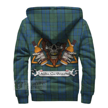 Lockhart Tartan Sherpa Hoodie with Family Crest and Bearded Skull Holding Bottles of Whiskey