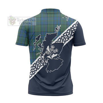 Lockhart Tartan Zipper Polo Shirt Featuring Thistle and Scotland Map