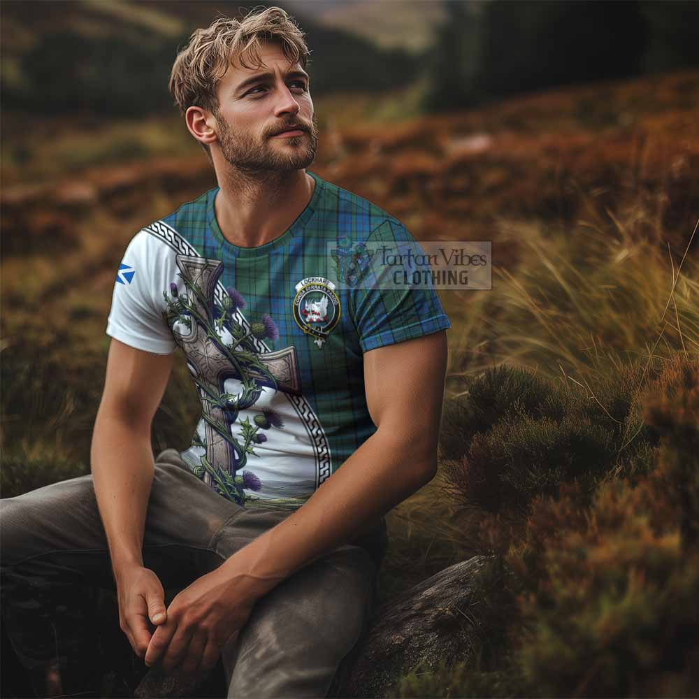 Tartan Vibes Clothing Lockhart Agnew Tartan T-Shirt with Family Crest and St. Andrew's Cross Accented by Thistle Vines