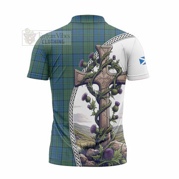 Lockhart Tartan Zipper Polo Shirt with Family Crest and St. Andrew's Cross Accented by Thistle Vines - Tartan Vibes Clothing