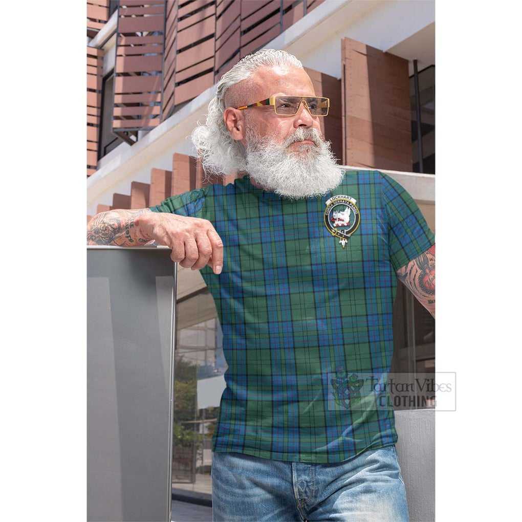 Tartan Vibes Clothing Lockhart Tartan Cotton T-shirt with Family Crest and Bearded Skull Holding Bottles of Whiskey