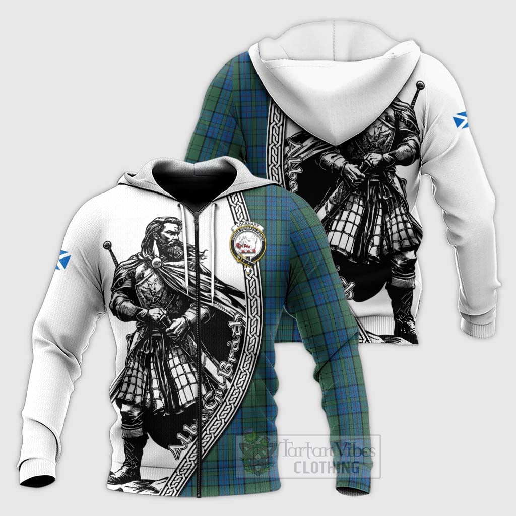 Tartan Vibes Clothing Lockhart Tartan Clan Crest Knitted Hoodie with Highlander Warrior Celtic Style