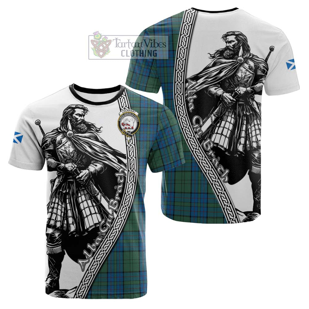 Lockhart Tartan Clan Crest Cotton T-shirt with Highlander Warrior Celtic Style