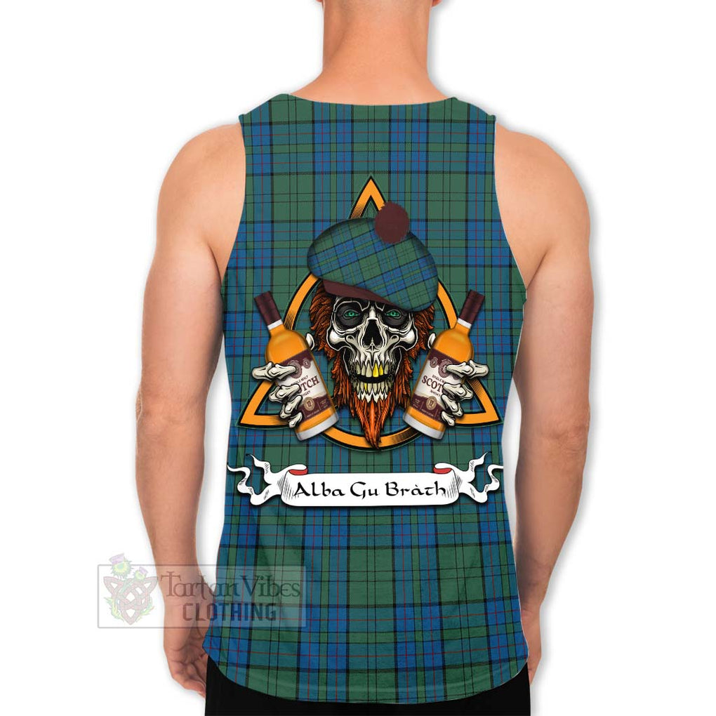 Tartan Vibes Clothing Lockhart Tartan Men's Tank Top with Family Crest and Bearded Skull Holding Bottles of Whiskey