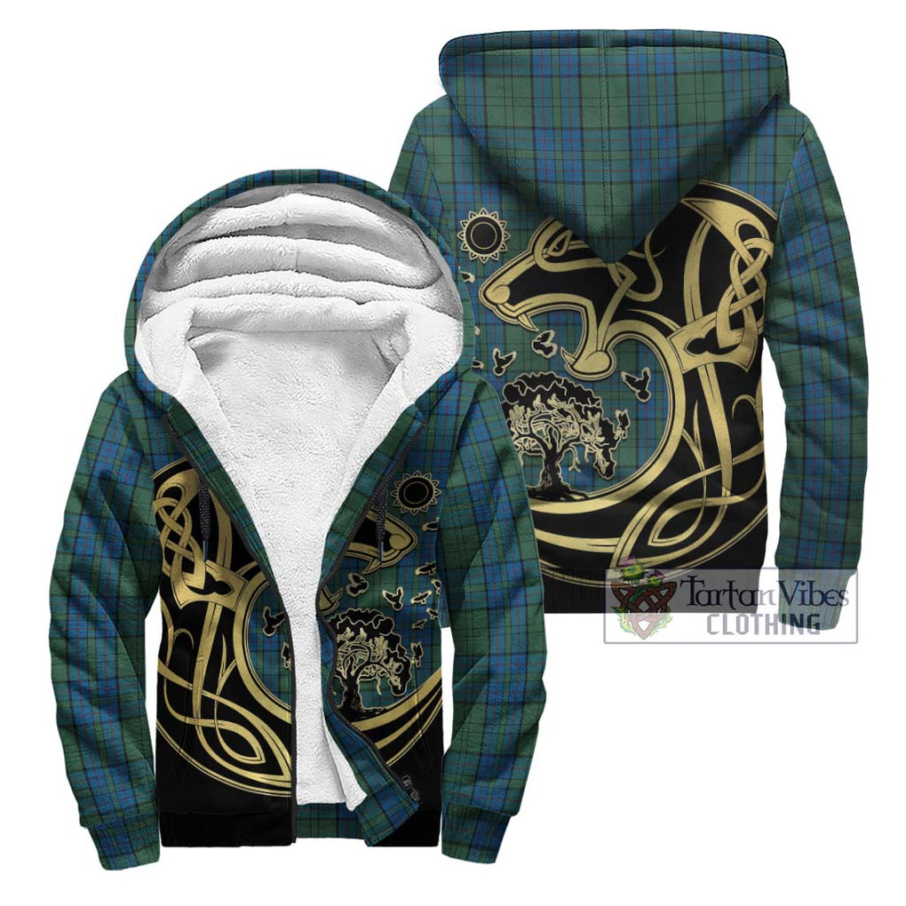 Lockhart Tartan Sherpa Hoodie with Family Crest Celtic Wolf Style Unisex - Tartan Vibes Clothing