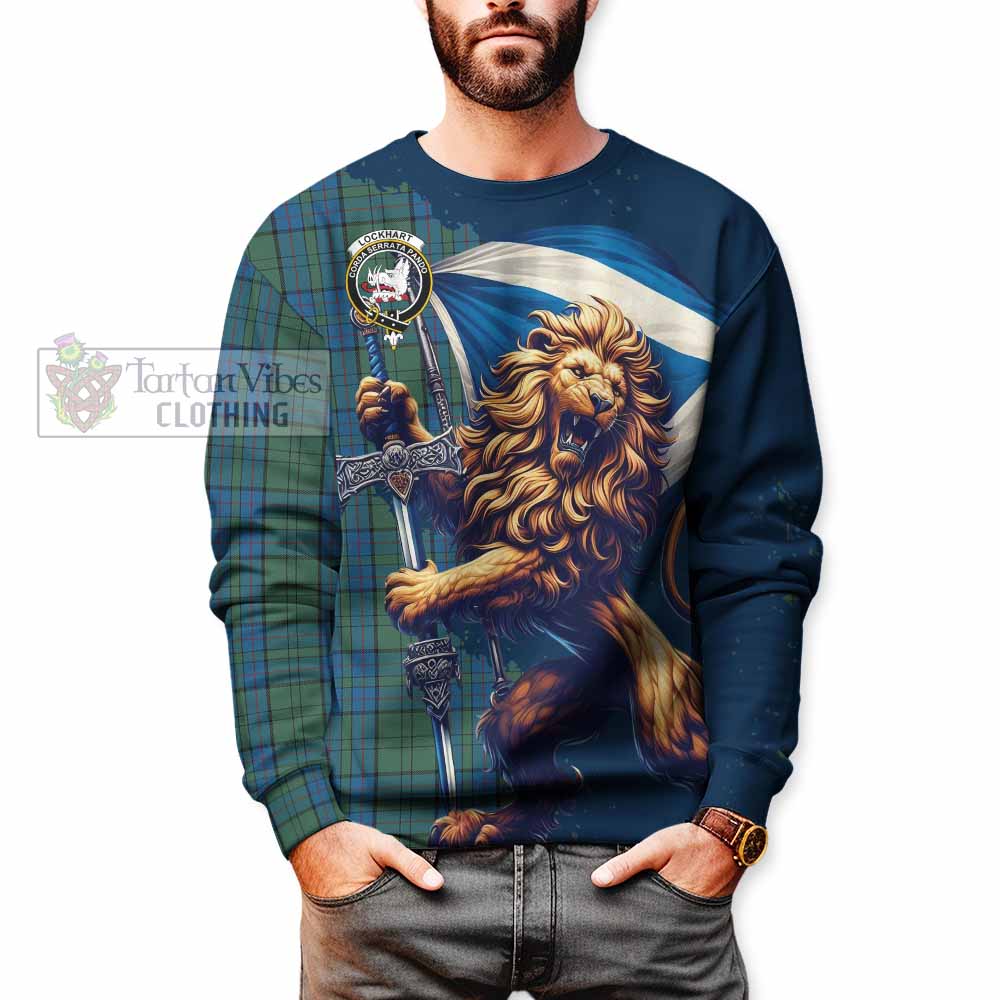 Tartan Vibes Clothing Lockhart Tartan Family Crest Sweatshirt with Scottish Majestic Lion