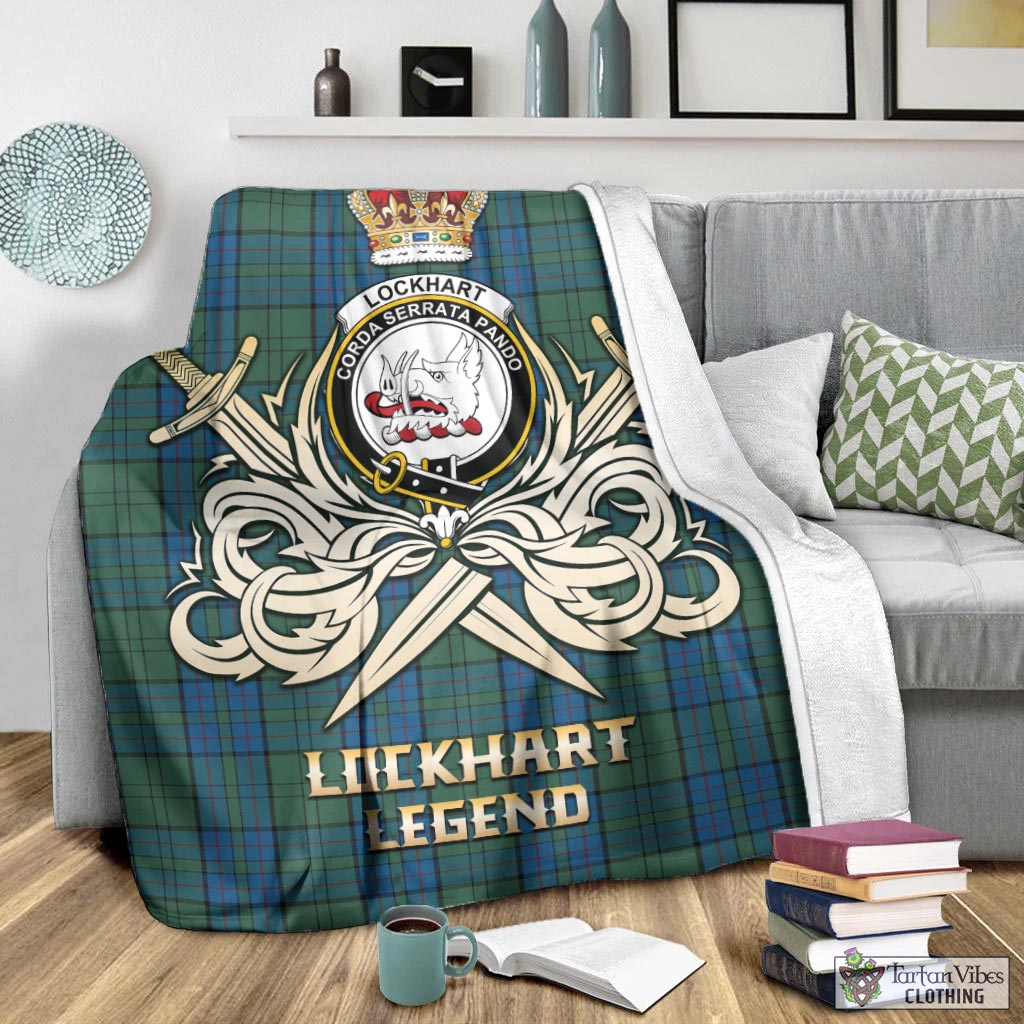 Tartan Vibes Clothing Lockhart Tartan Blanket with Clan Crest and the Golden Sword of Courageous Legacy