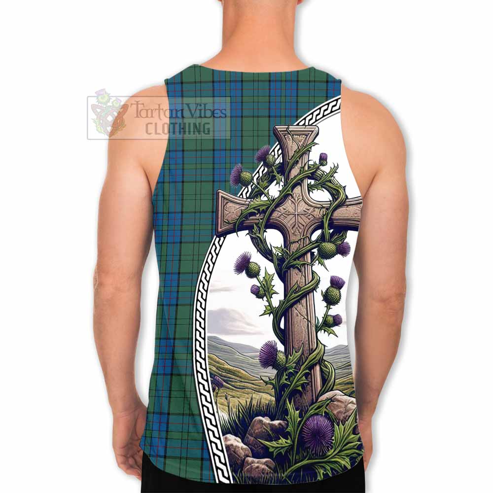 Tartan Vibes Clothing Lockhart Tartan Men's Tank Top with Family Crest and St. Andrew's Cross Accented by Thistle Vines