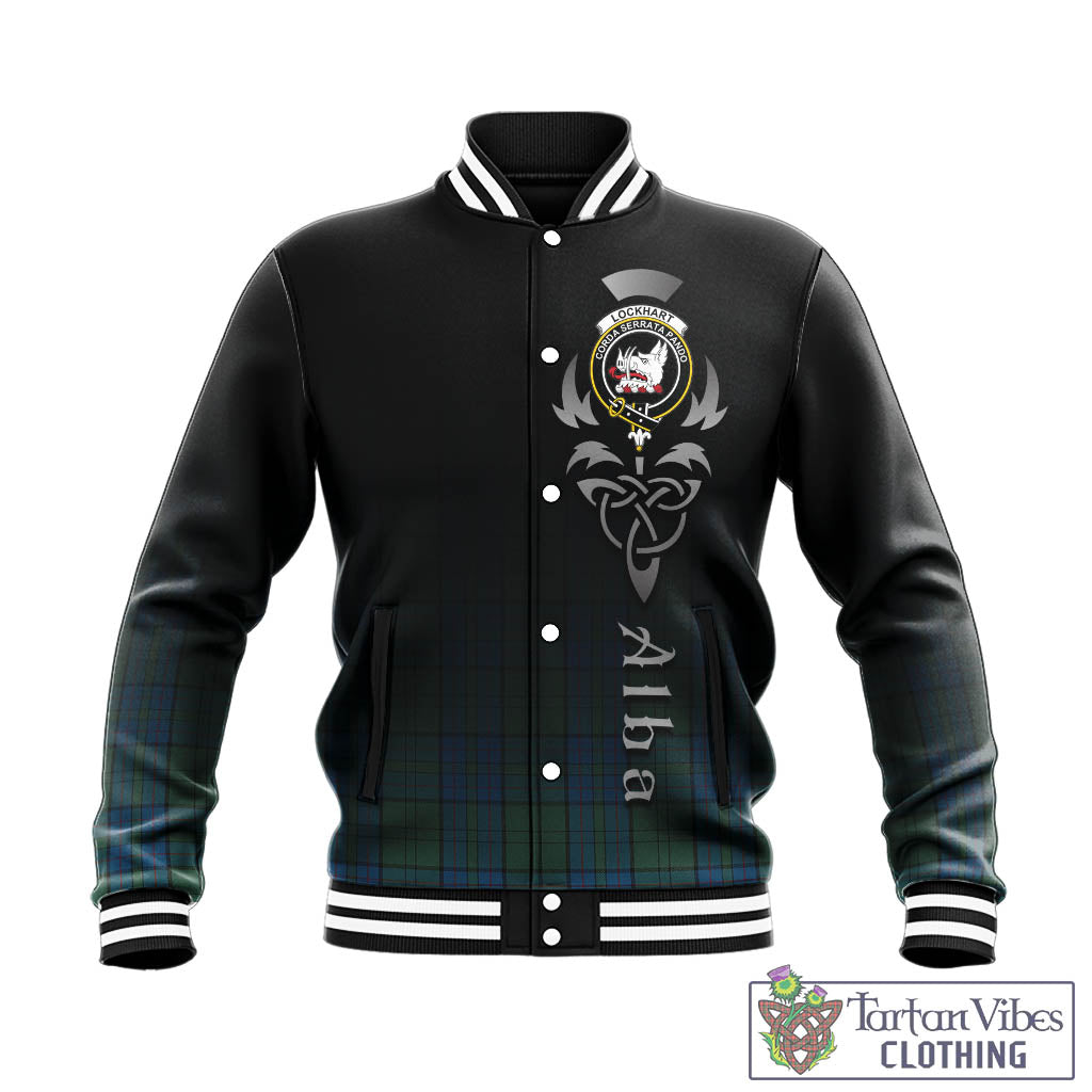 Tartan Vibes Clothing Lockhart Tartan Baseball Jacket Featuring Alba Gu Brath Family Crest Celtic Inspired