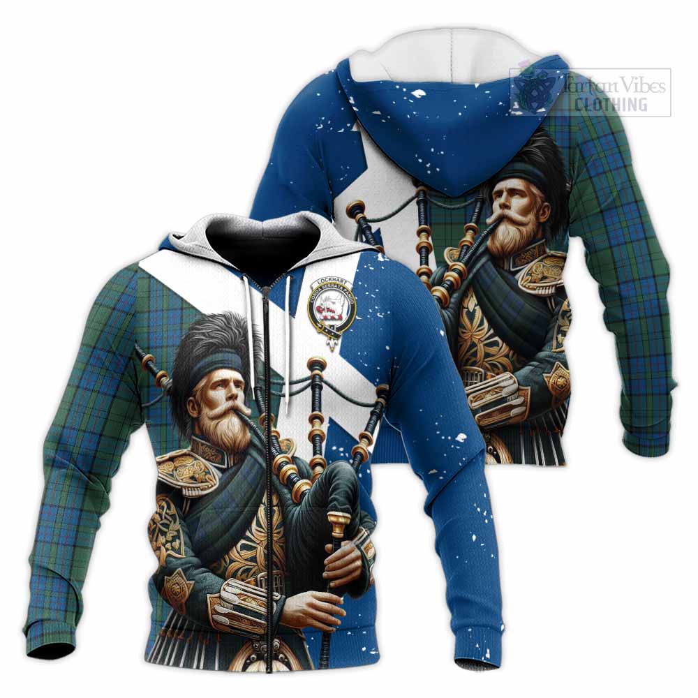 Tartan Vibes Clothing Lockhart Tartan Knitted Hoodie with Family Crest Scottish Bagpiper Vibes