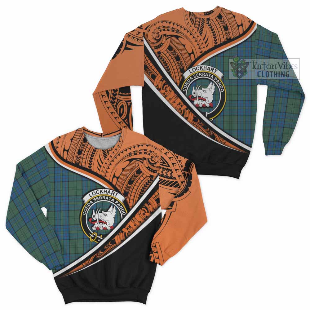 Tartan Vibes Clothing Lockhart Crest Tartan Sweatshirt with Maori Tattoo Style - Orange Version