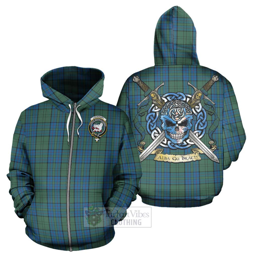 Tartan Vibes Clothing Lockhart Tartan Hoodie with Family Crest Celtic Skull Style