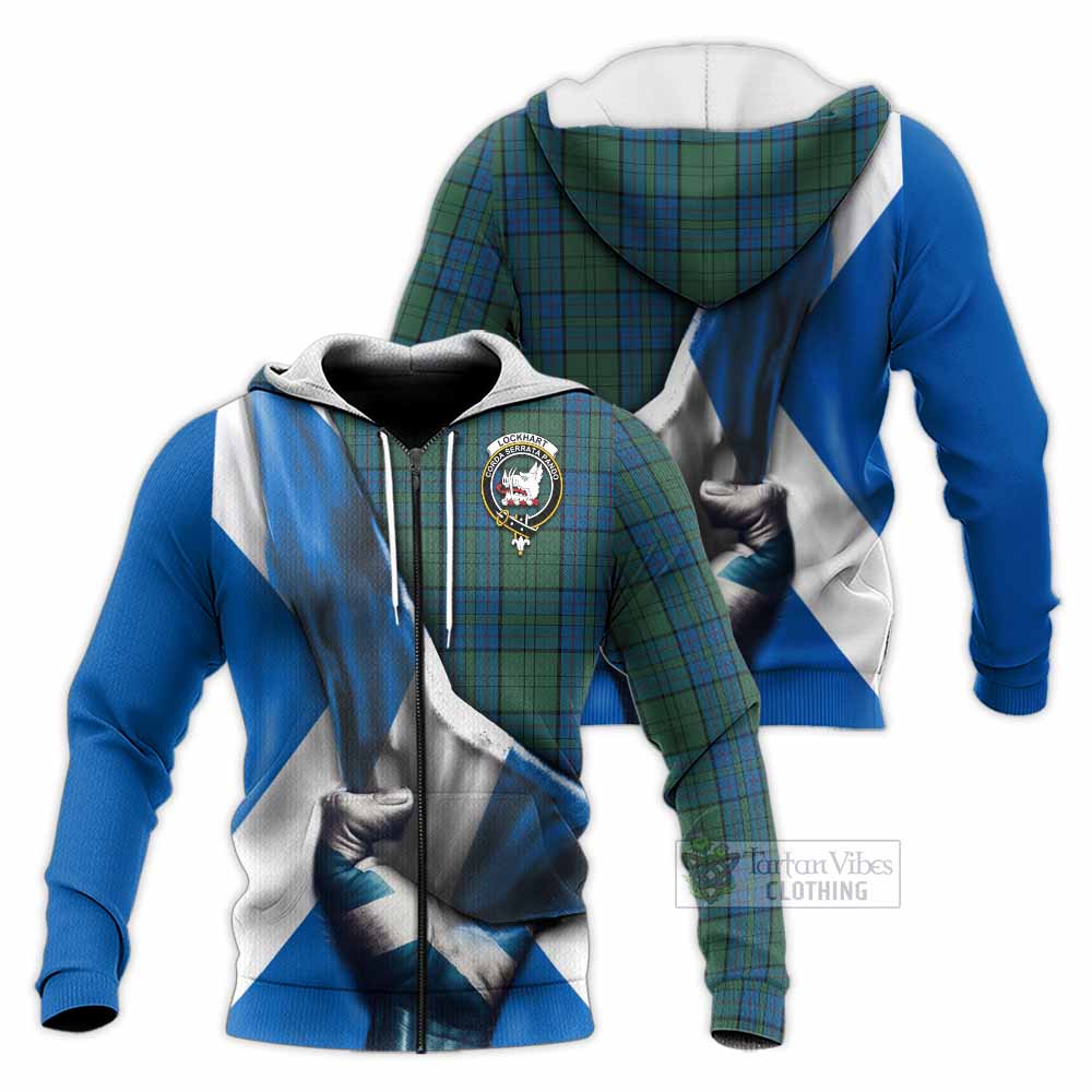 Tartan Vibes Clothing Lockhart Tartan Knitted Hoodie with Family Crest Scotland Patriotic Style