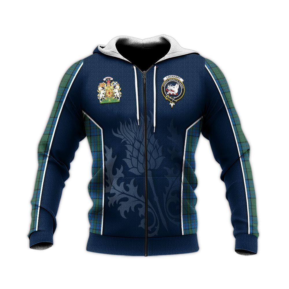 Tartan Vibes Clothing Lockhart Tartan Knitted Hoodie with Family Crest and Scottish Thistle Vibes Sport Style