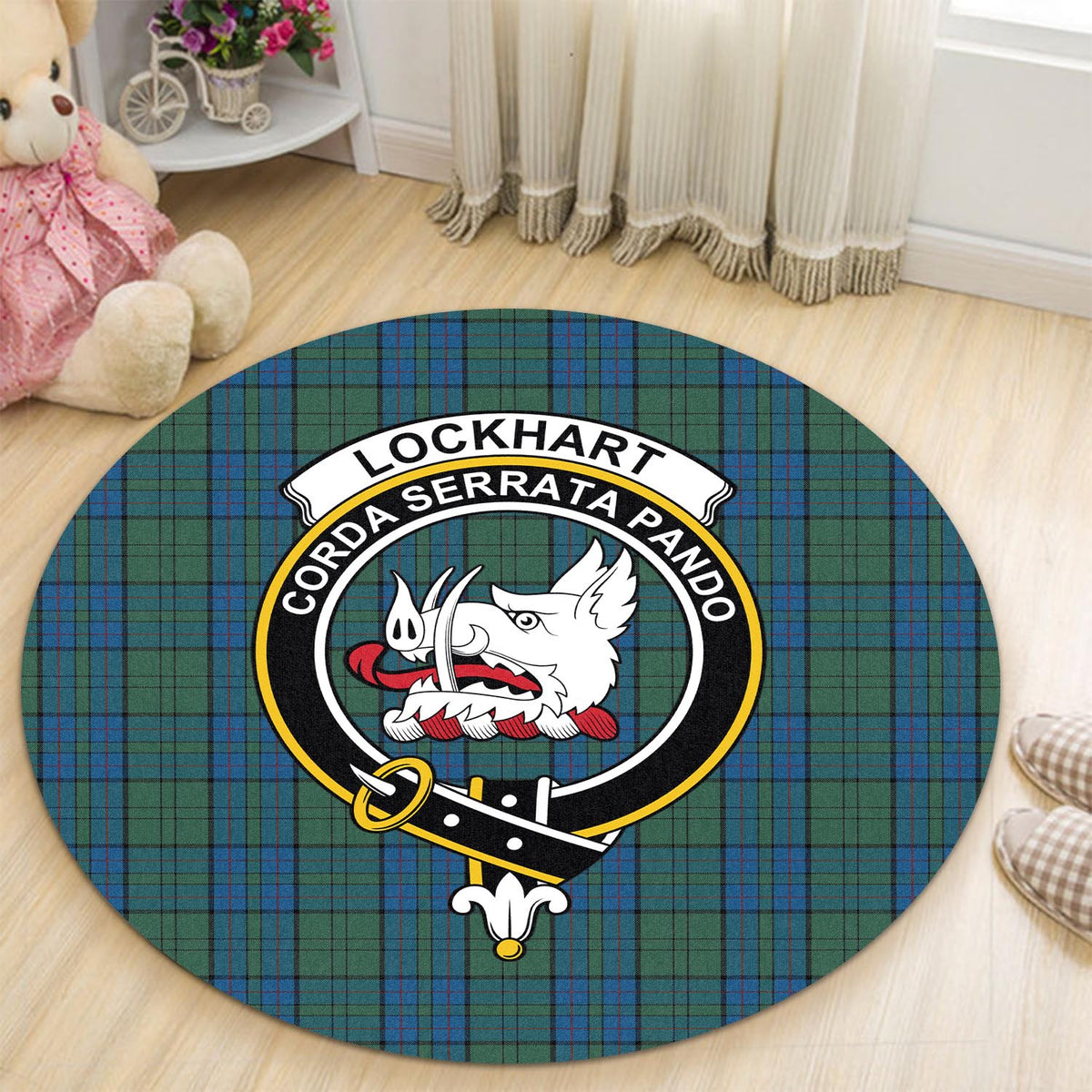 Lockhart Tartan Round Rug with Family Crest - Tartan Vibes Clothing