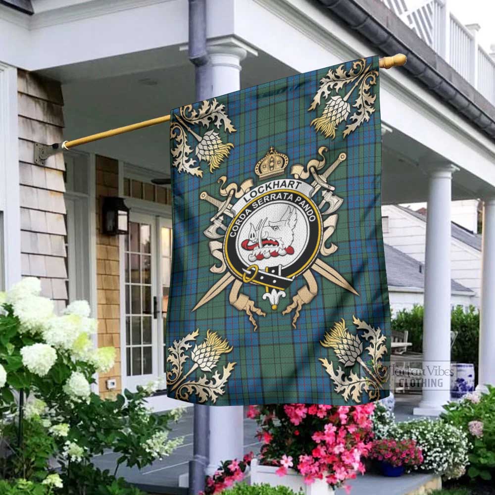 Tartan Vibes Clothing Lockhart Tartan Flag with Family Crest and Golden Thistle Crossed Sword Design