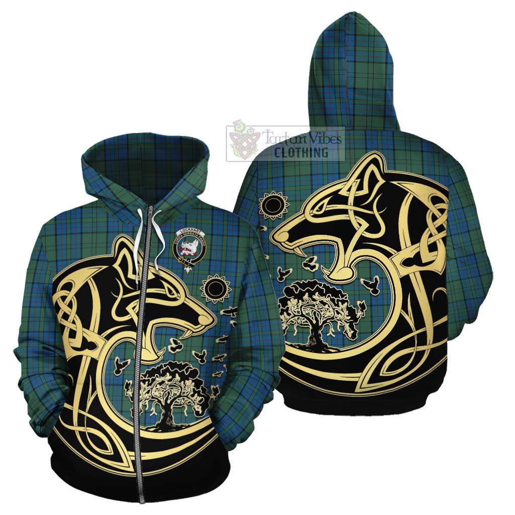 Lockhart Tartan Cotton Hoodie with Family Crest Celtic Wolf Style - Tartan Vibes Clothing