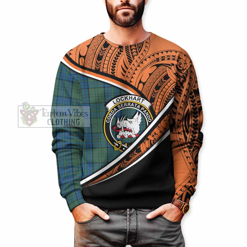 Tartan Vibes Clothing Lockhart Crest Tartan Sweatshirt with Maori Tattoo Style - Orange Version