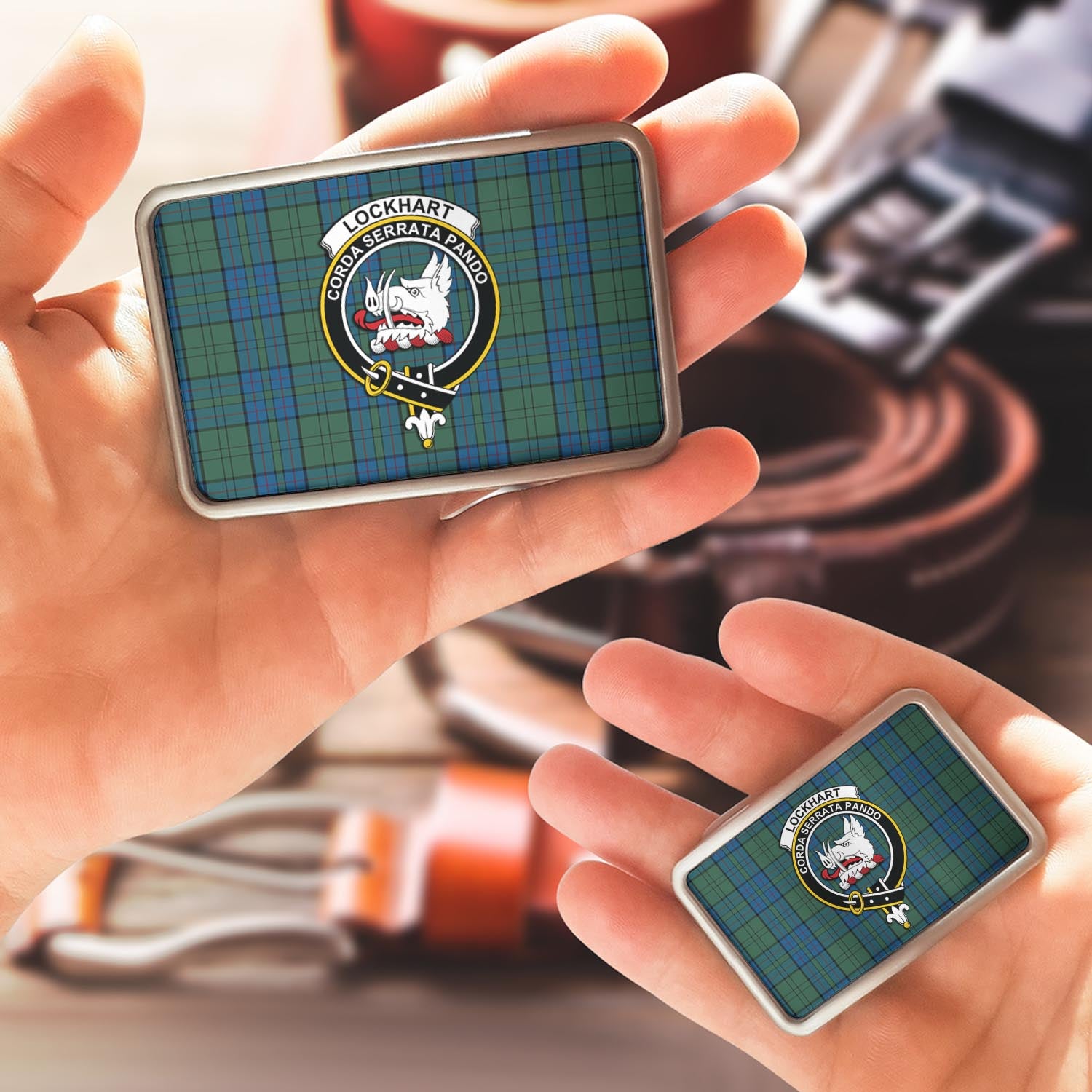 Lockhart Tartan Belt Buckles with Family Crest - Tartanvibesclothing