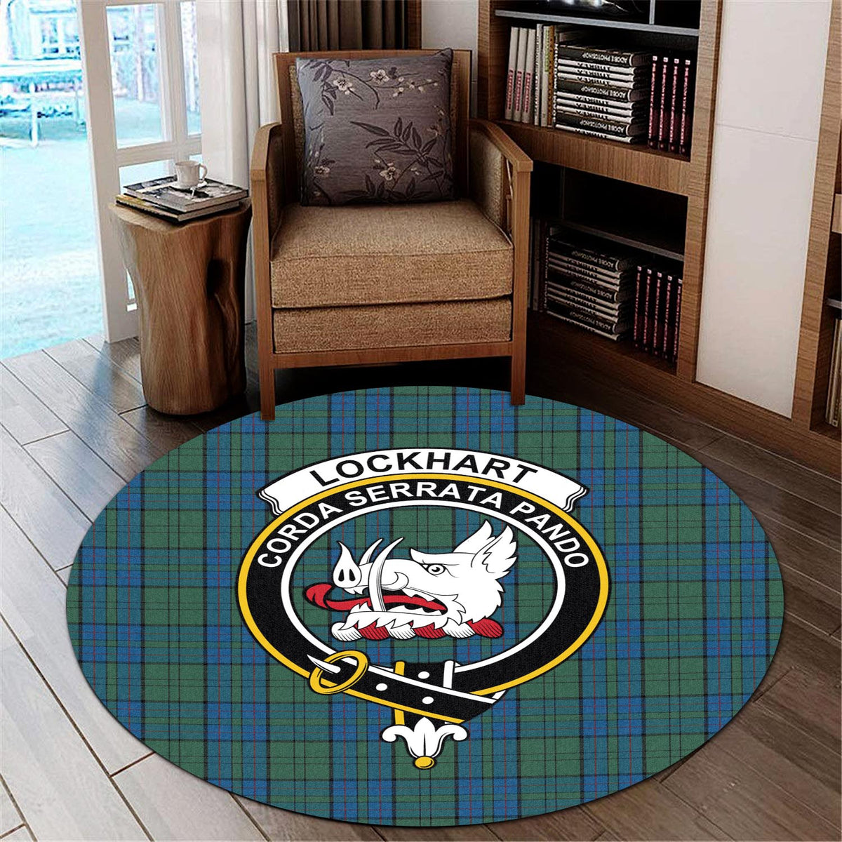 Lockhart Tartan Round Rug with Family Crest - Tartan Vibes Clothing