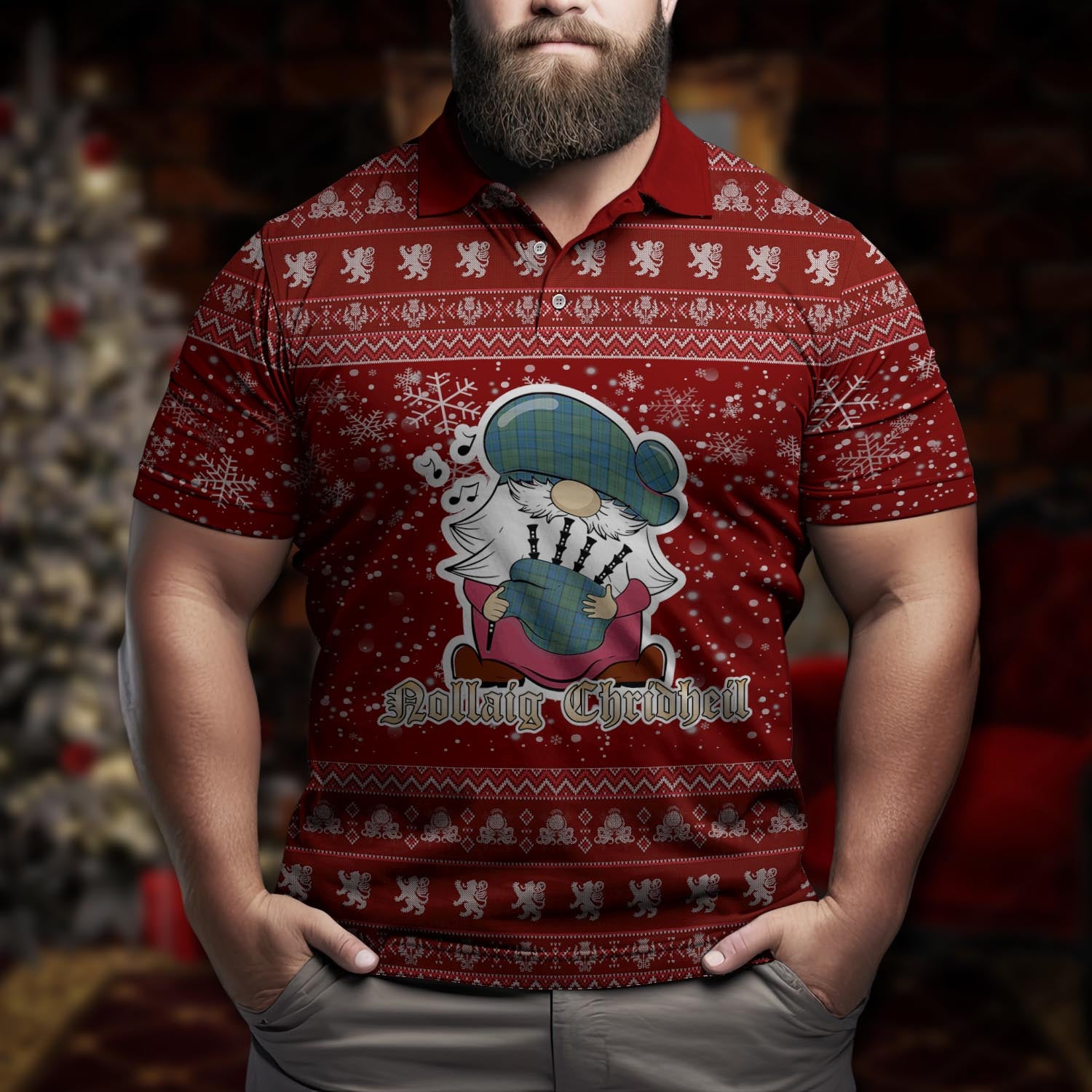Lockhart Clan Christmas Family Polo Shirt with Funny Gnome Playing Bagpipes Men's Polo Shirt Red - Tartanvibesclothing