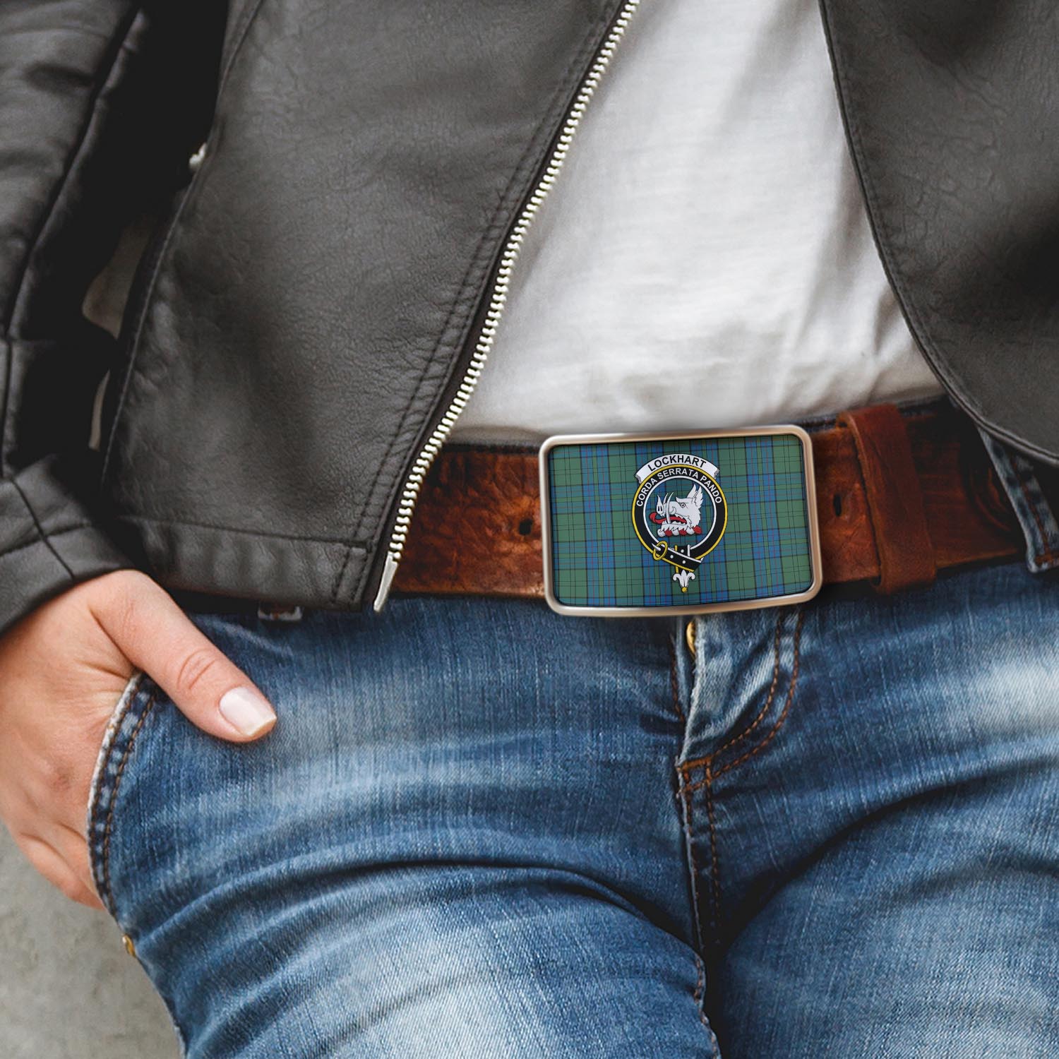 Lockhart Tartan Belt Buckles with Family Crest - Tartanvibesclothing