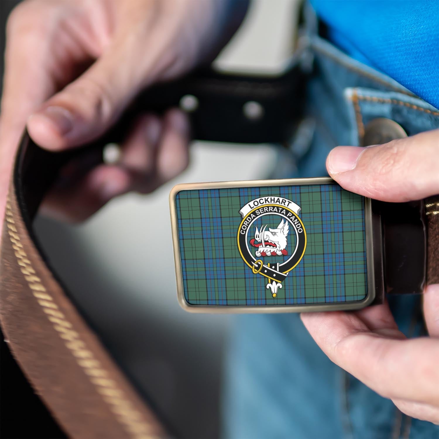 Lockhart Tartan Belt Buckles with Family Crest - Tartanvibesclothing