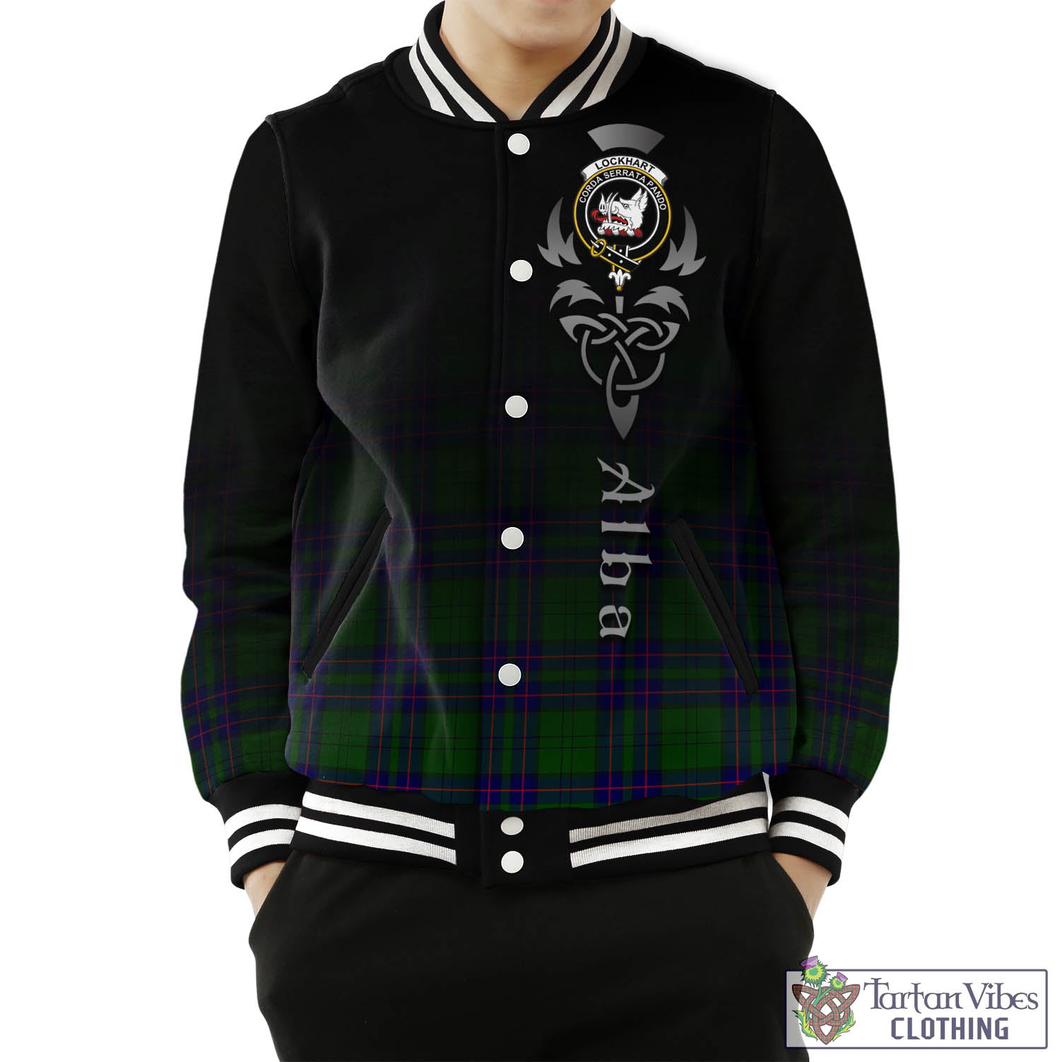 Tartan Vibes Clothing Lockhart Modern Tartan Baseball Jacket Featuring Alba Gu Brath Family Crest Celtic Inspired