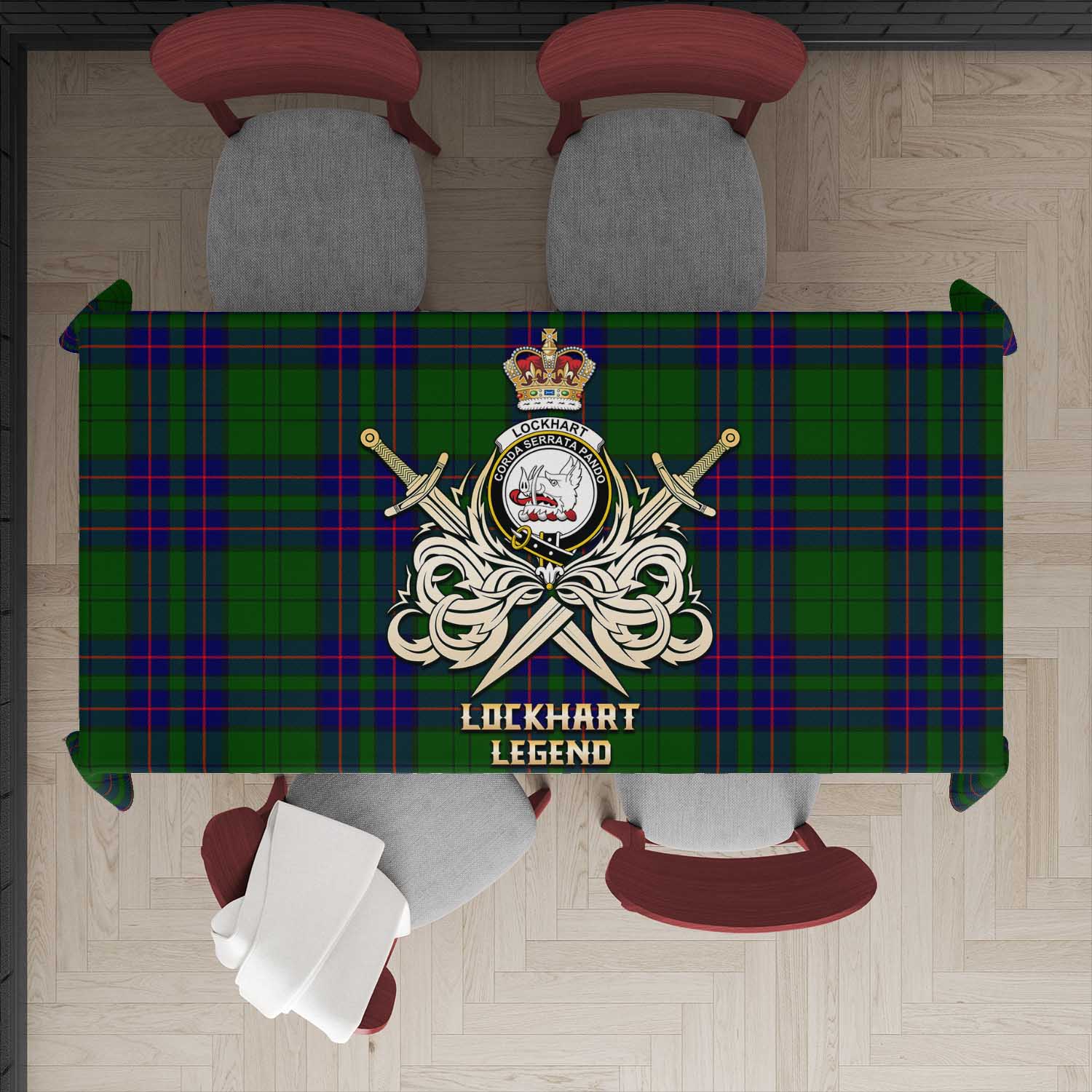 Tartan Vibes Clothing Lockhart Modern Tartan Tablecloth with Clan Crest and the Golden Sword of Courageous Legacy