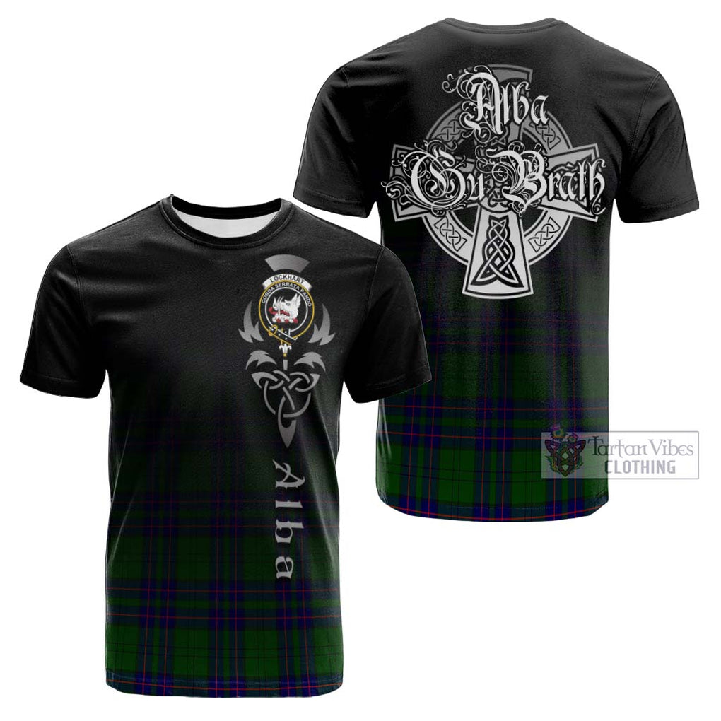 Tartan Vibes Clothing Lockhart Modern Tartan Cotton T-shirt Featuring Alba Gu Brath Family Crest Celtic Inspired