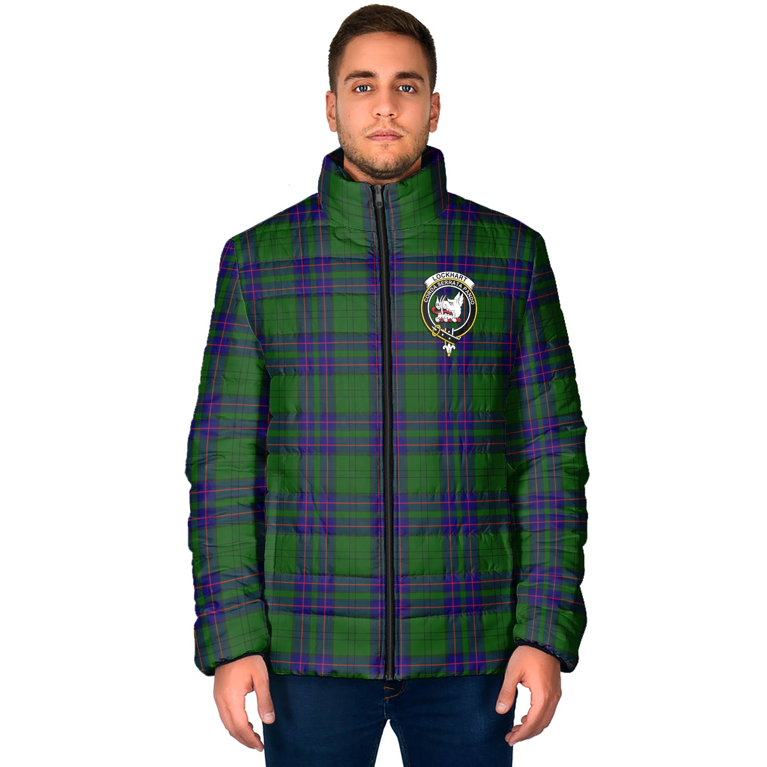 Lockhart Modern Tartan Padded Jacket with Family Crest - Tartan Vibes Clothing