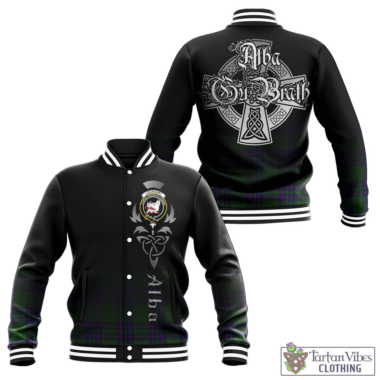 Tartan Vibes Clothing Lockhart Modern Tartan Baseball Jacket Featuring Alba Gu Brath Family Crest Celtic Inspired