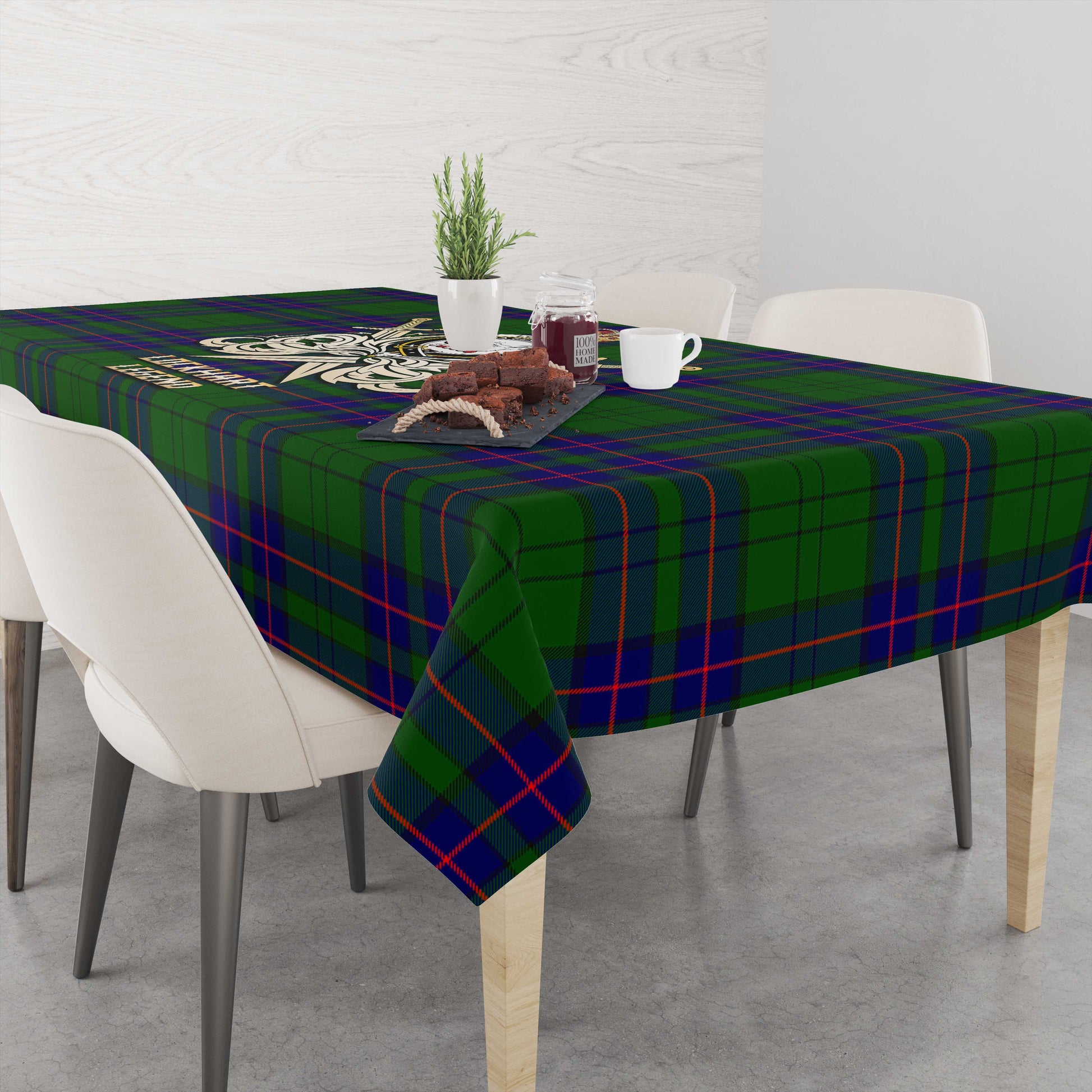 Tartan Vibes Clothing Lockhart Modern Tartan Tablecloth with Clan Crest and the Golden Sword of Courageous Legacy