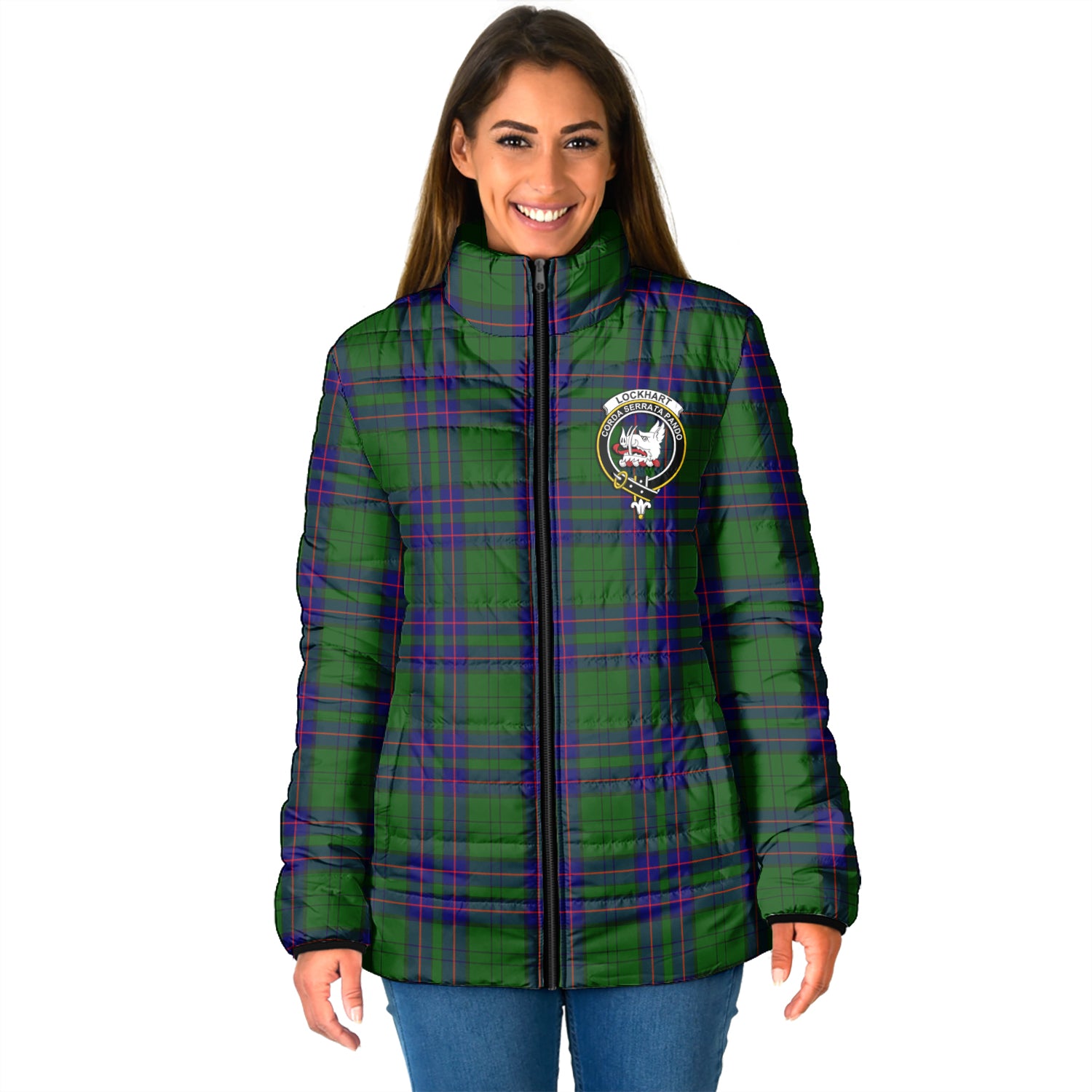 Lockhart Modern Tartan Padded Jacket with Family Crest - Tartan Vibes Clothing